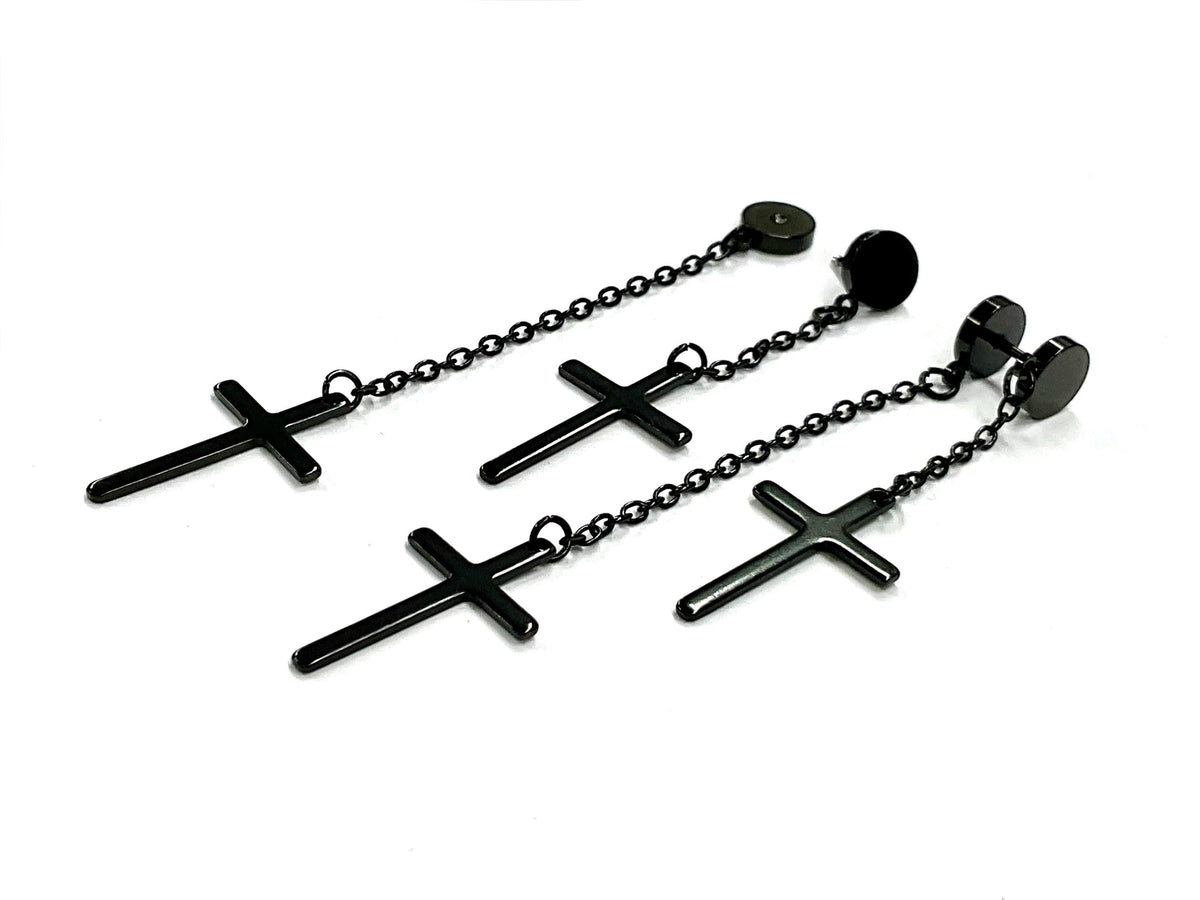 Double Cross Long Chain Earrings, Gold or Silver