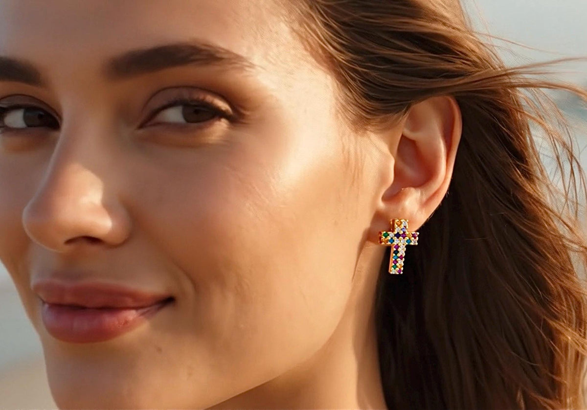 Rainbow Cross Stud Earrings - Gold Multi Color CZ Cross Jewelry