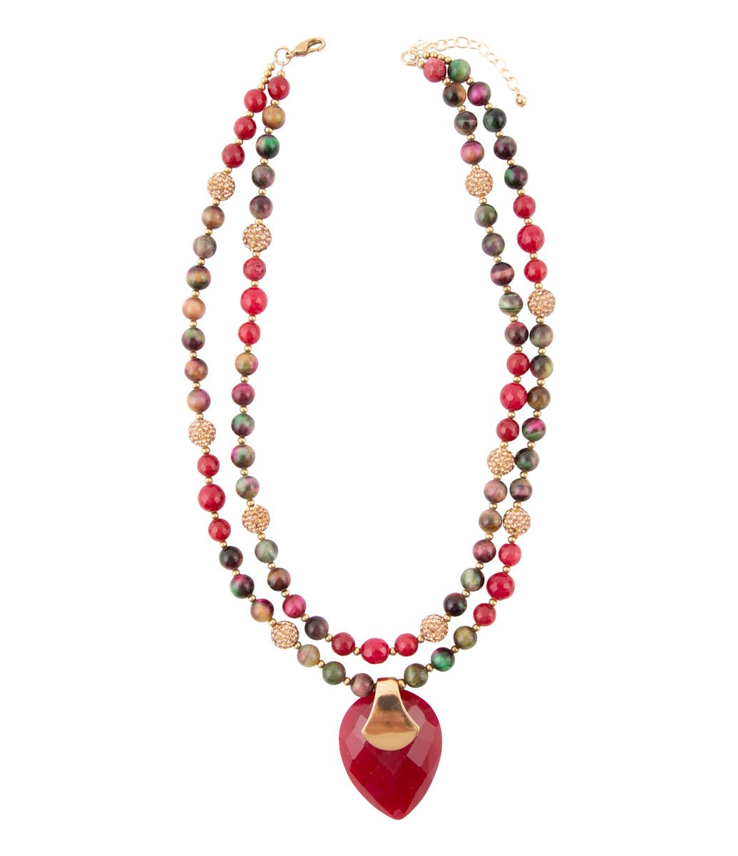 Jeweled Multi-Color Tiger's Eye and Raspberry Quartz Pendant Golden Necklace