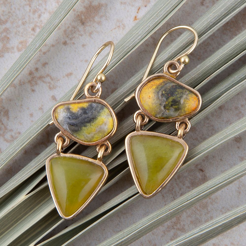 Hinged Yellow Bumblebee Jasper Golden Drop Earrings