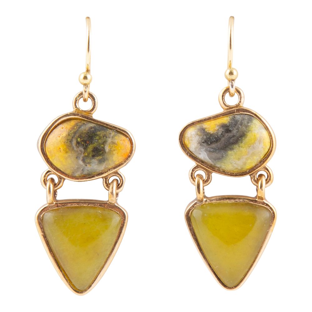 Hinged Yellow Bumblebee Jasper Golden Drop Earrings