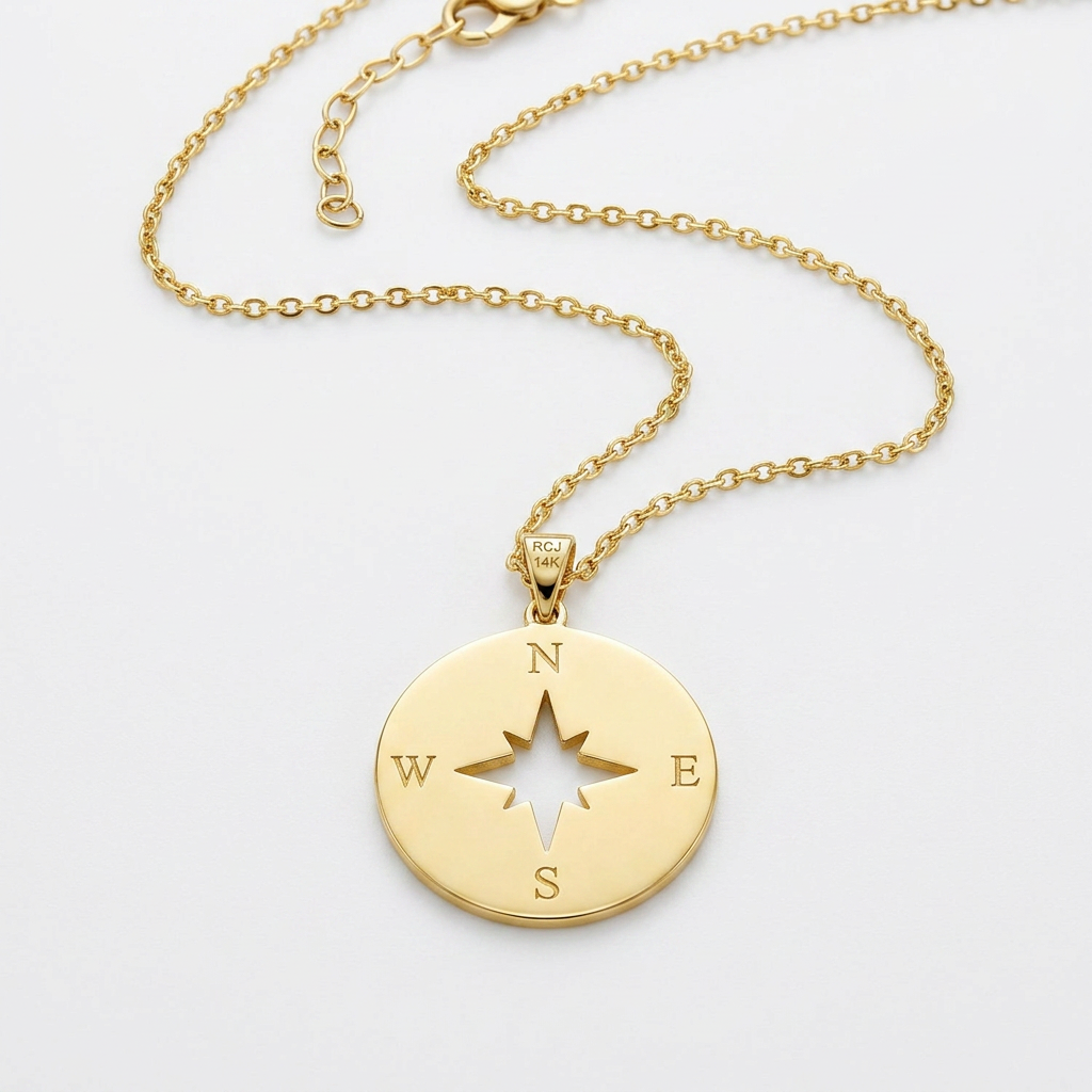 14K Yellow Gold Necklace with Compass