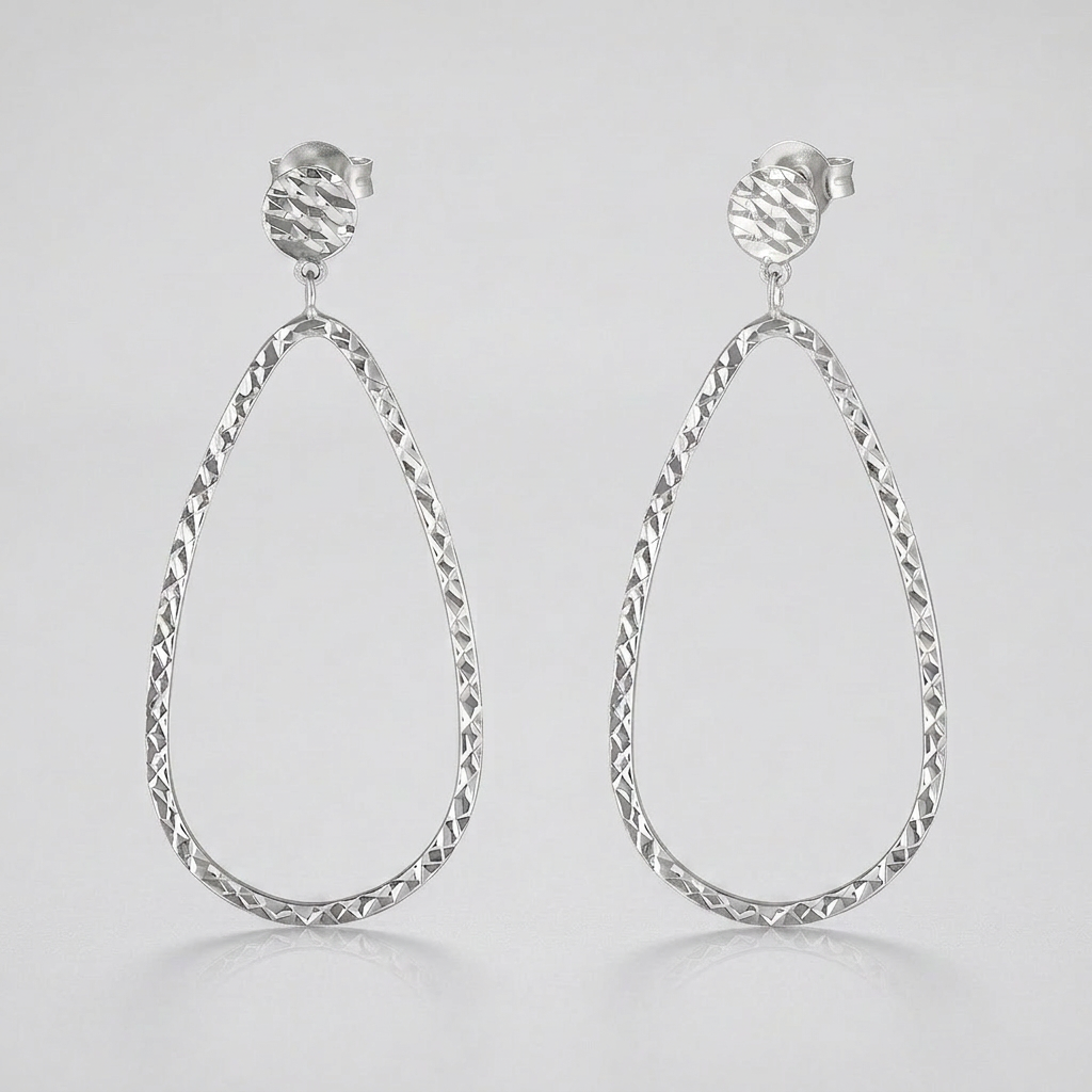 14k White Gold Textured Teardrop Motif Post Earrings