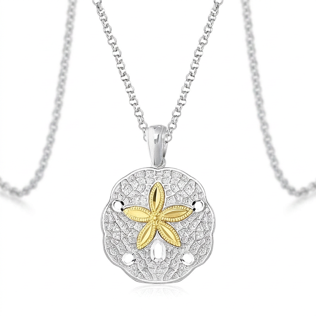 Designer Sterling Silver and 14k Yellow Gold Sand Dollar Pendant