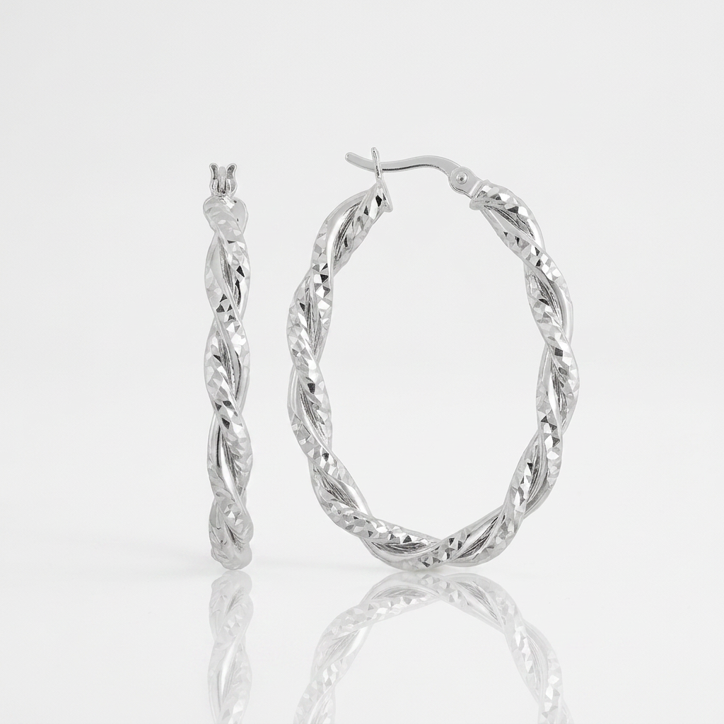 Sterling Silver Oval Hoop Braided Diamond Cut Earrings