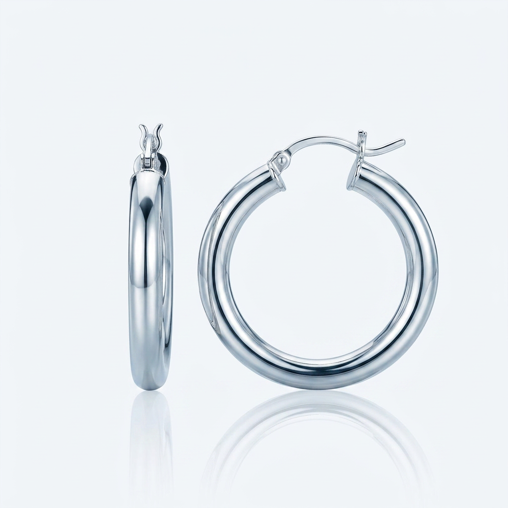 Sterling Silver Rhodium Plated Thick Style Polished Hoop Earrings (25mm)