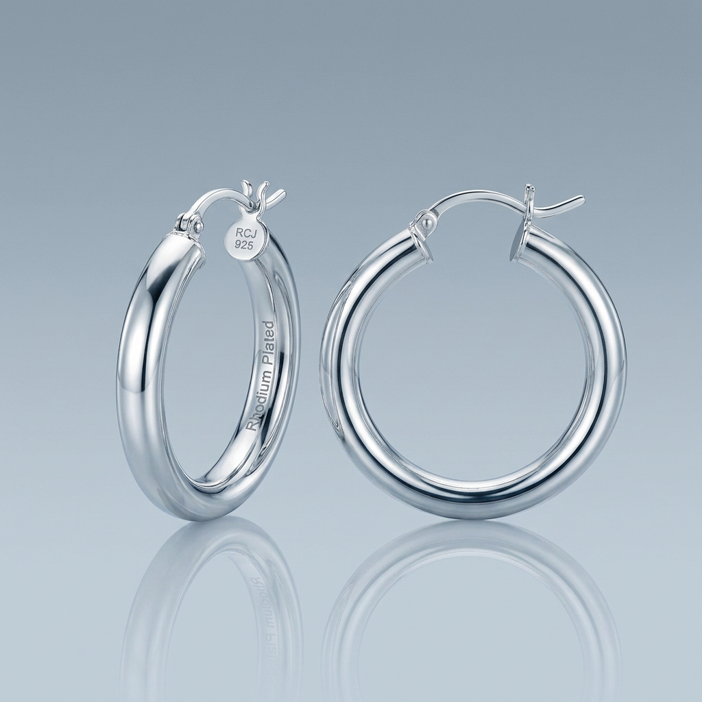 Sterling Silver Rhodium Plated Thick Style Polished Hoop Earrings (25mm)
