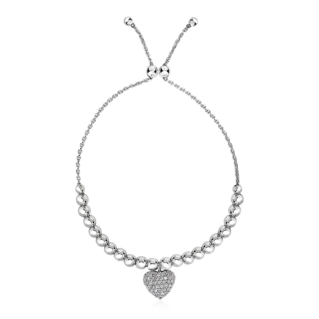 Adjustable Bead Bracelet with Round Charm Cubic Zirconias in Sterling Silver