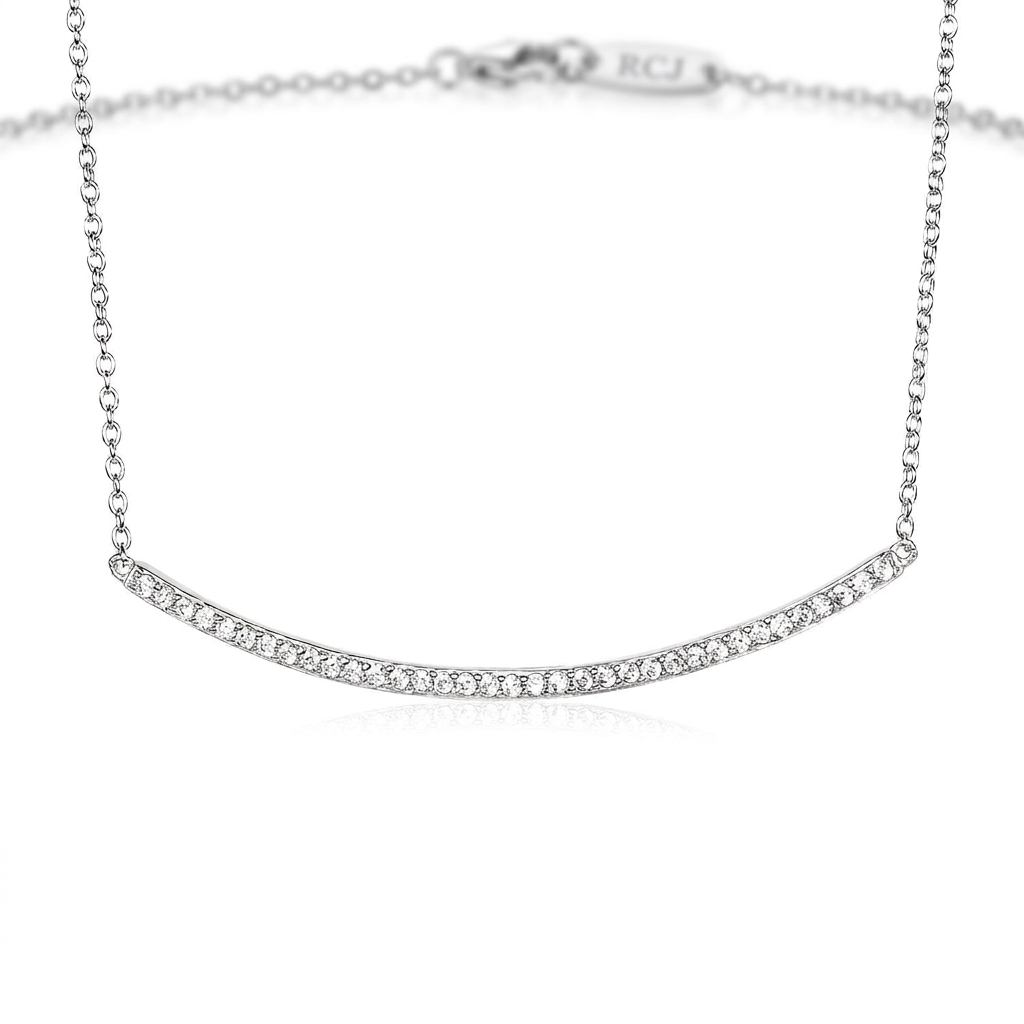 Sterling Silver Curved Bar Necklace with Cubic Zirconias