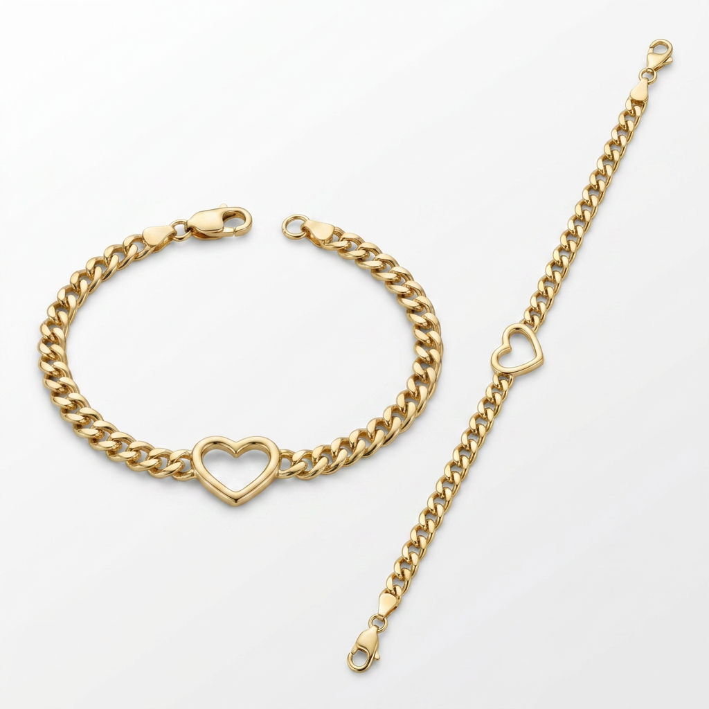 14k Yellow Gold 7 inch Curb Chain Bracelet with Heart