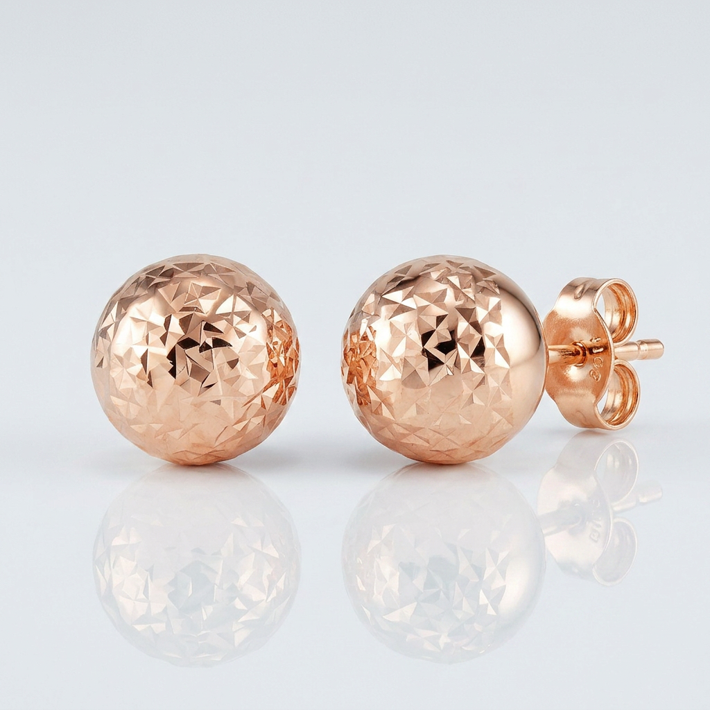 14 k Rose Gold Ball Earrings with Crystal Cut Texture