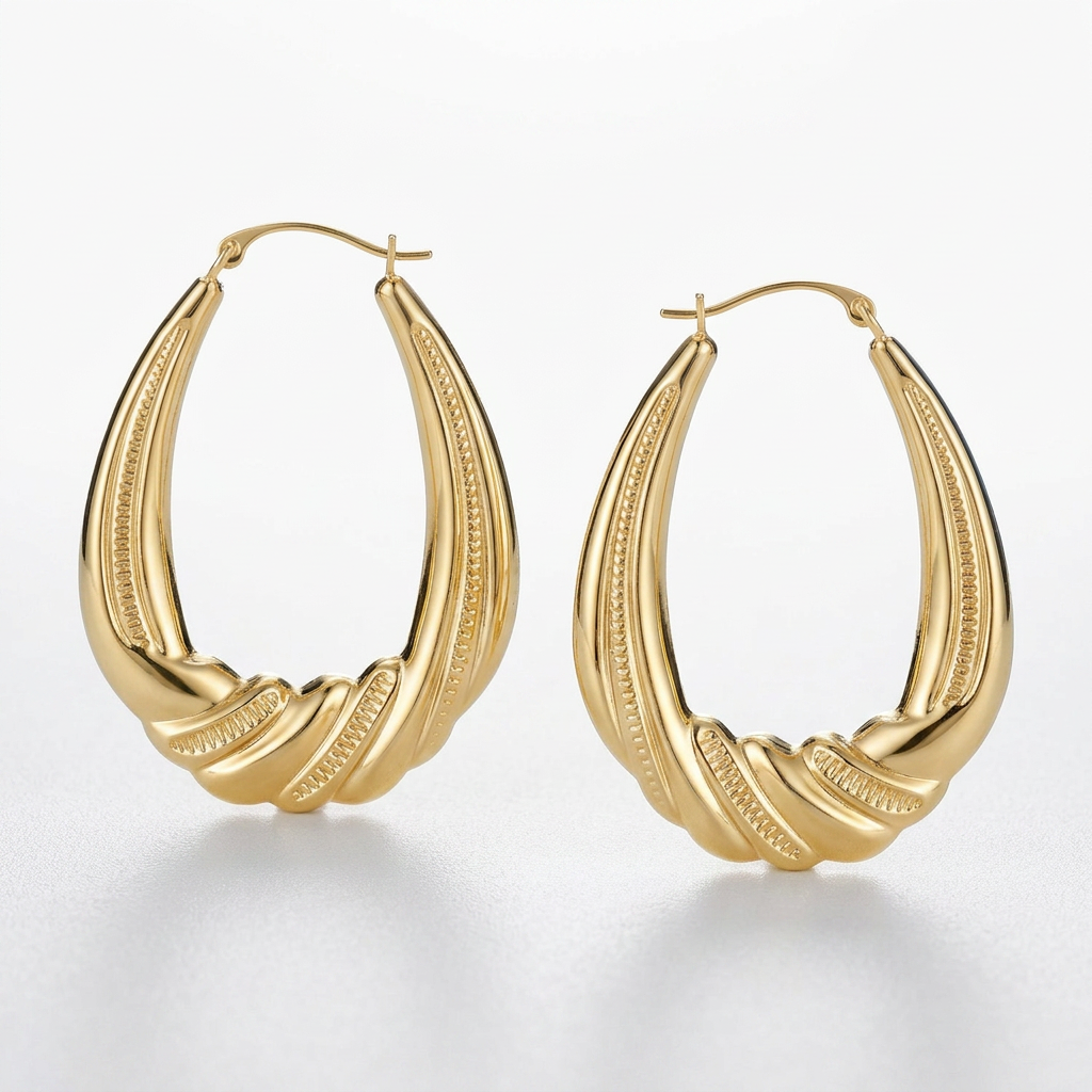 14k Yellow Gold Graduated Textured Oval Hoop Earrings