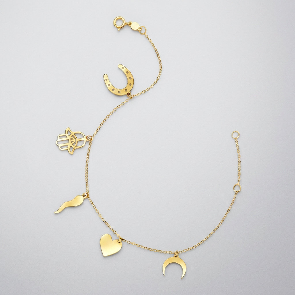 14k Yellow Gold 7 inch Bracelet with Polished Charms