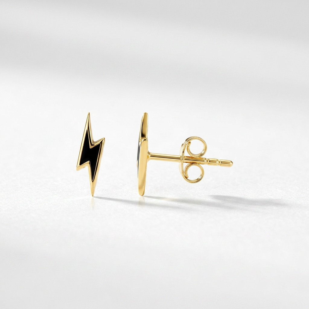 14k Yellow Gold and Enamel Black Lightning Bolt Stud Earrings