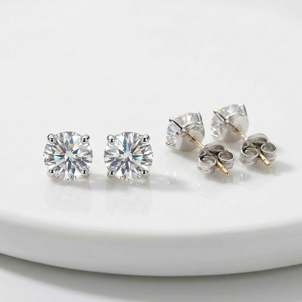 14 k WhiteGold Stud Earrings with White Hue Faceted Cubic Zirconia