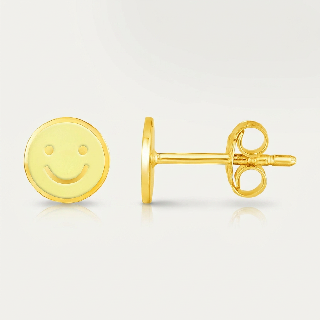 14k Yellow Gold and Enamel Yellow Smiley Face Stud Earrings