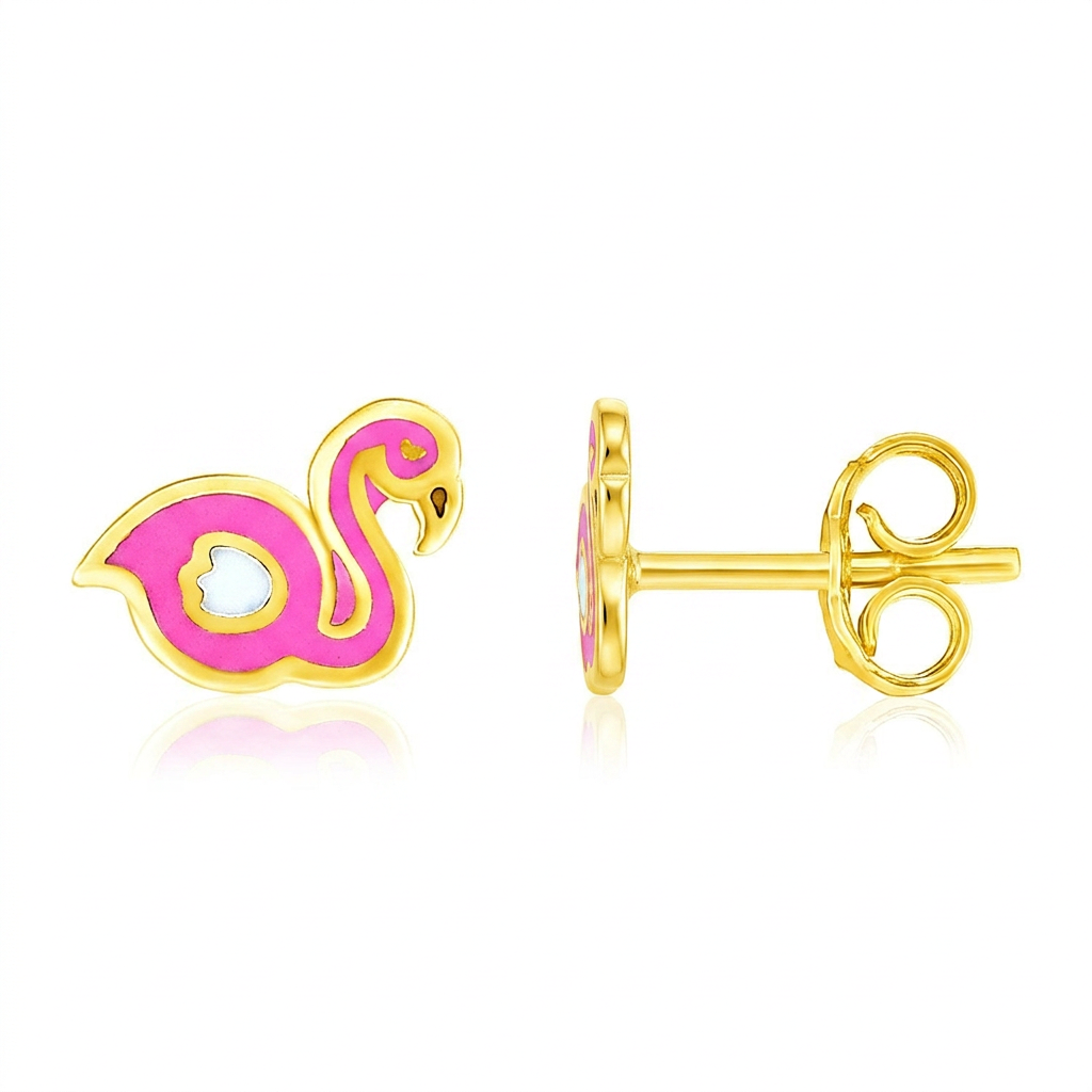 14k Yellow Gold Enameled Flamingo Childrens Earrings