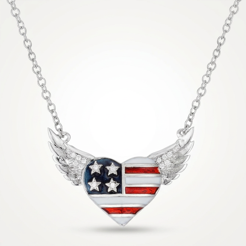 Avera .14 Ct Patriotic Winged Heart Necklace with CZ Accents
