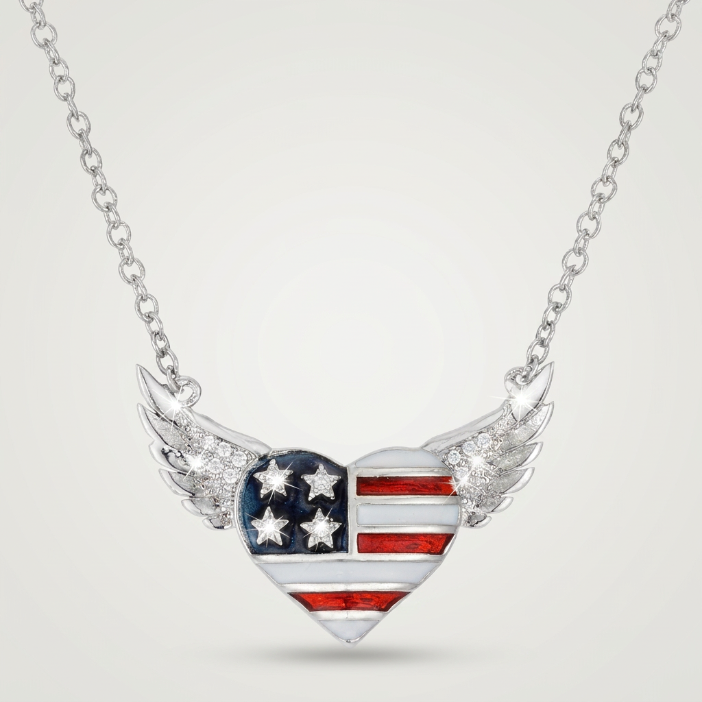 Avera .14 Ct Patriotic Winged Heart Necklace with CZ Accents