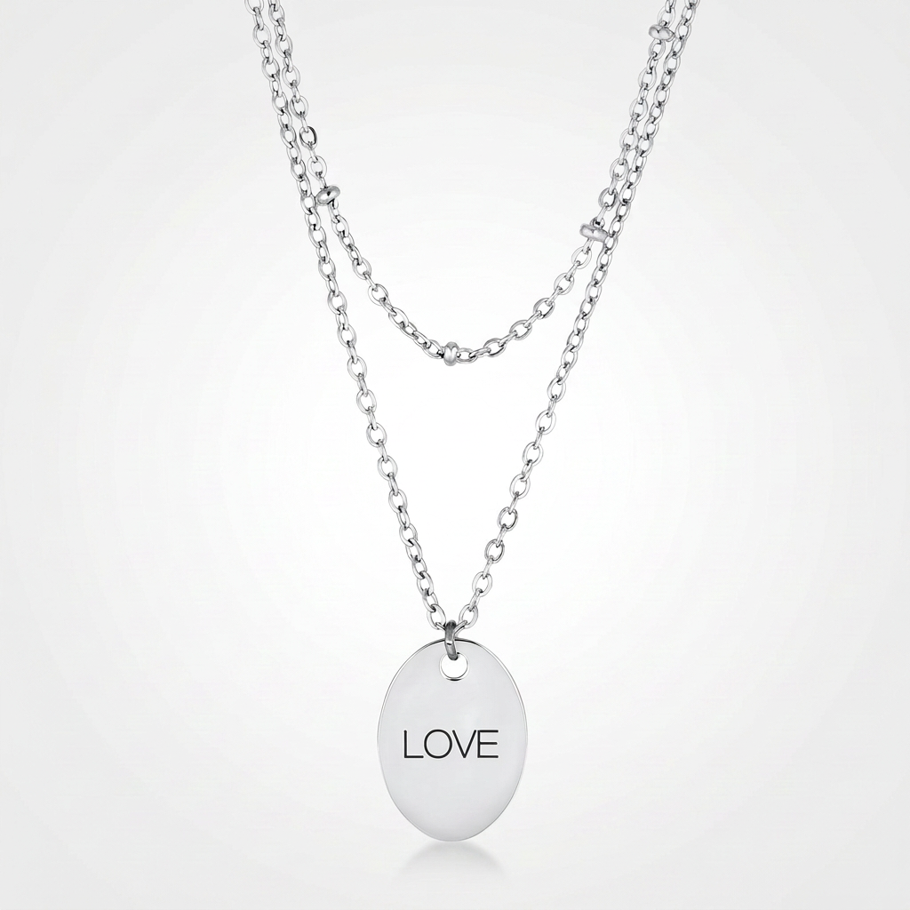 Avera Double Chain Love Necklace In Polished Silver