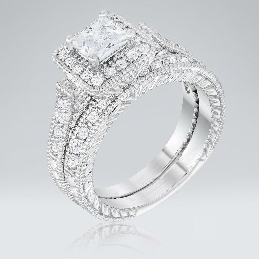 Avera Art Deco Princess Cut Bridal Set in Sterling Silver