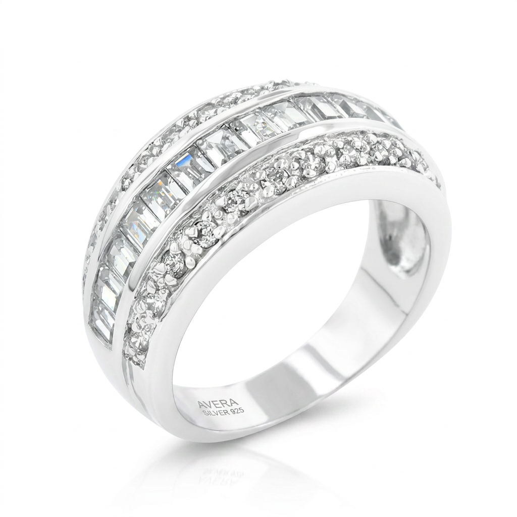 Avera Three-Row Cubic Zirconia Band in Polished Silver