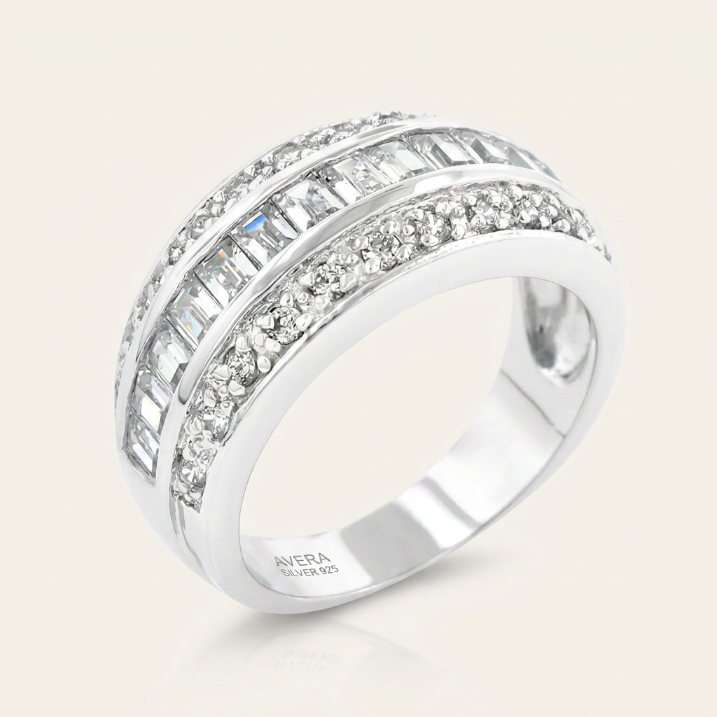 Avera Three-Row Cubic Zirconia Band in Polished Silver