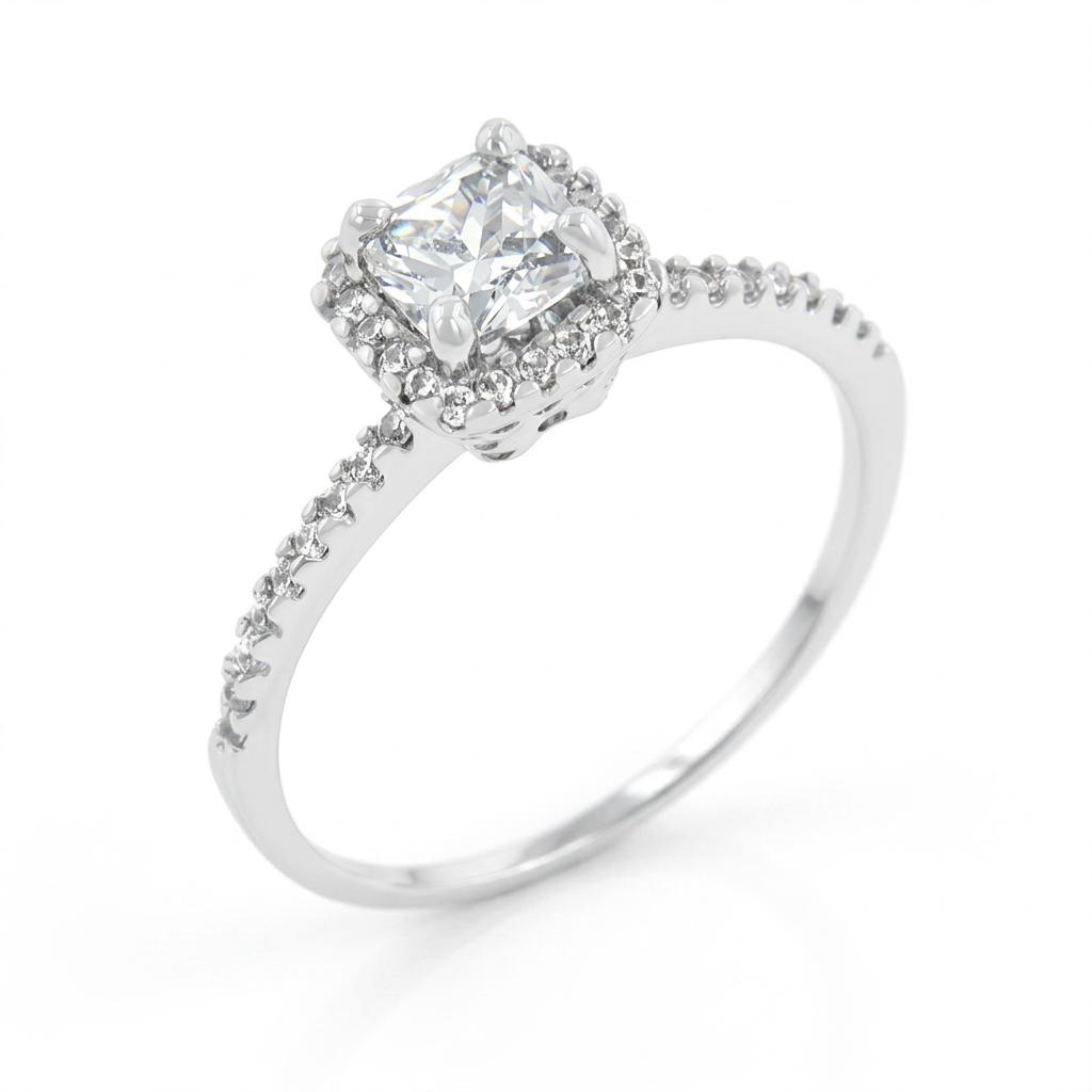 Avera Princess Cut Halo Engagement Ring in Sterling Silver