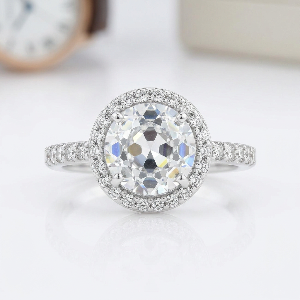 Avera Halo Style Faceted Engagement Ring in Sterling Silver