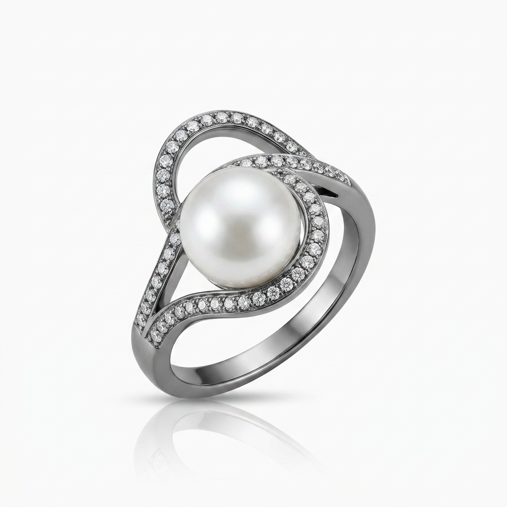 Avera Hematite Pearl Interlocked Double Teardrop Ring