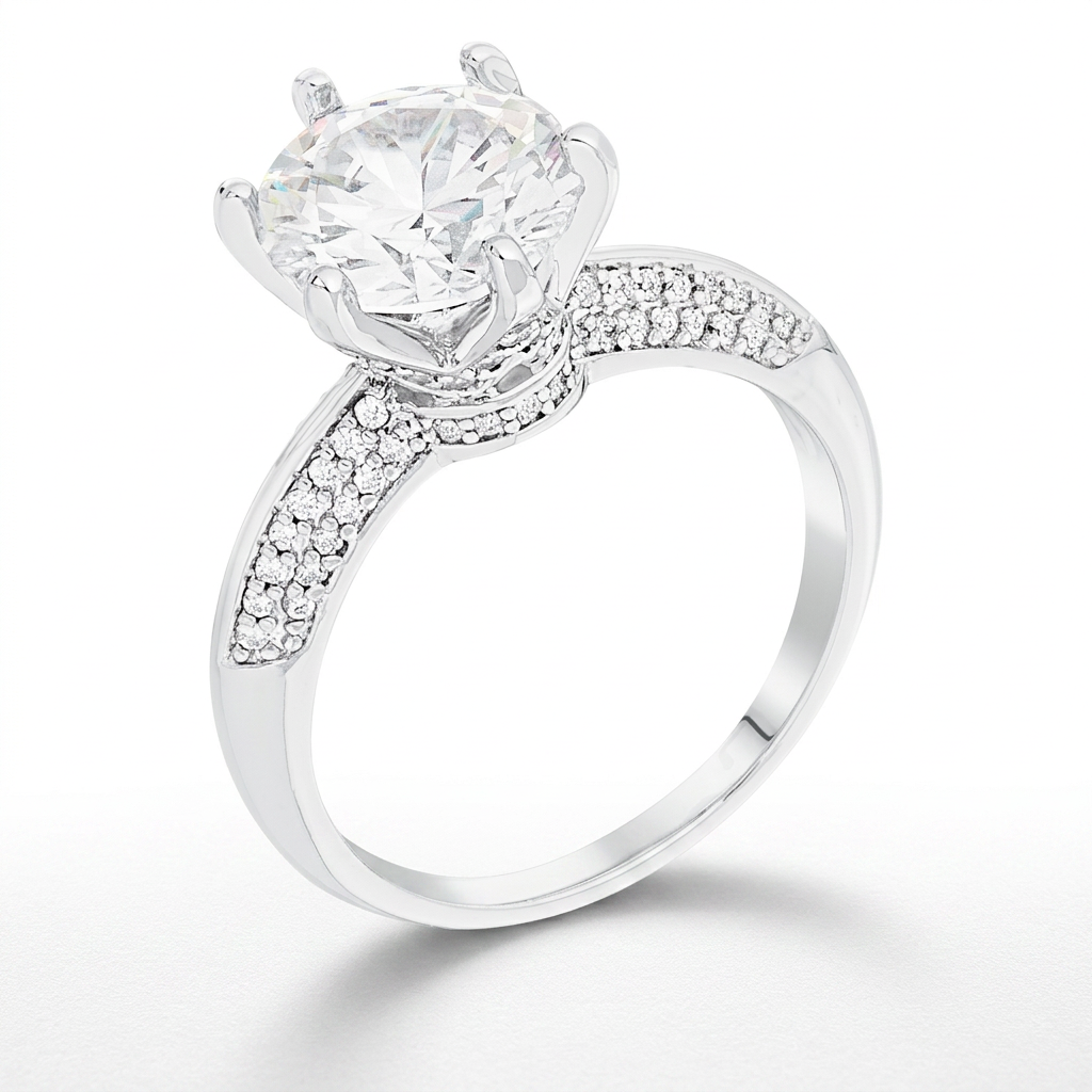 Avera Cz Round Solitaire Quad Micropave Ring In Sterling Silver