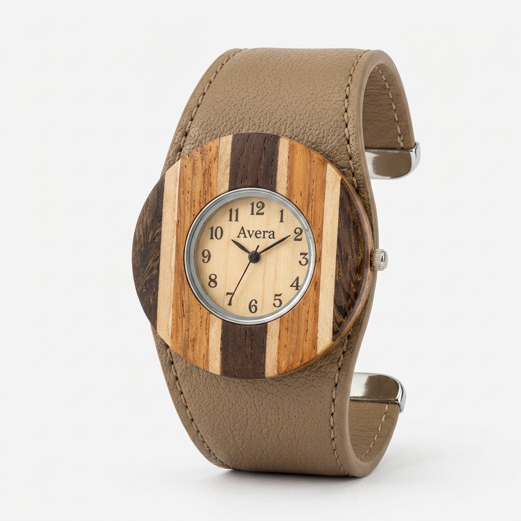 Avera Brenna Wood Inspi Leather Cuff Watch