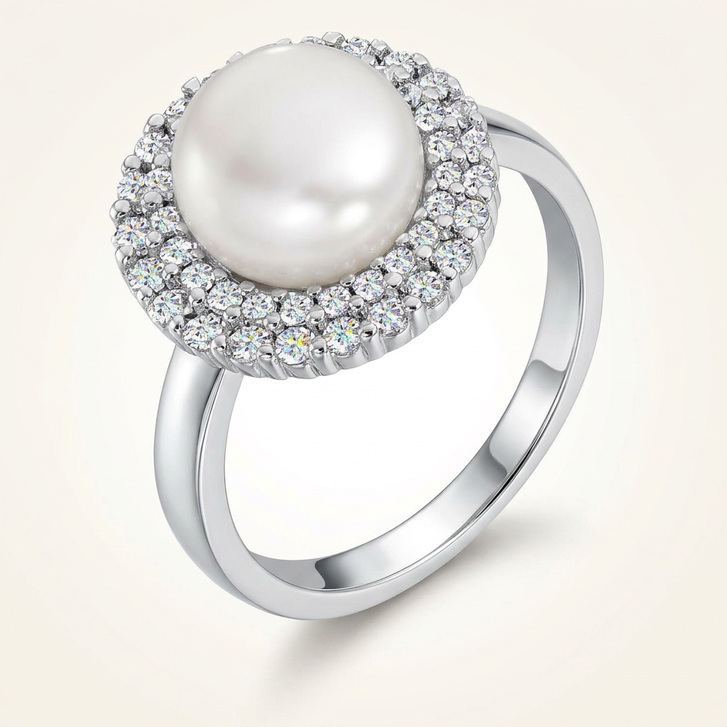Avera Ethereal Pearl Double Halo Cocktail Ring in Silver