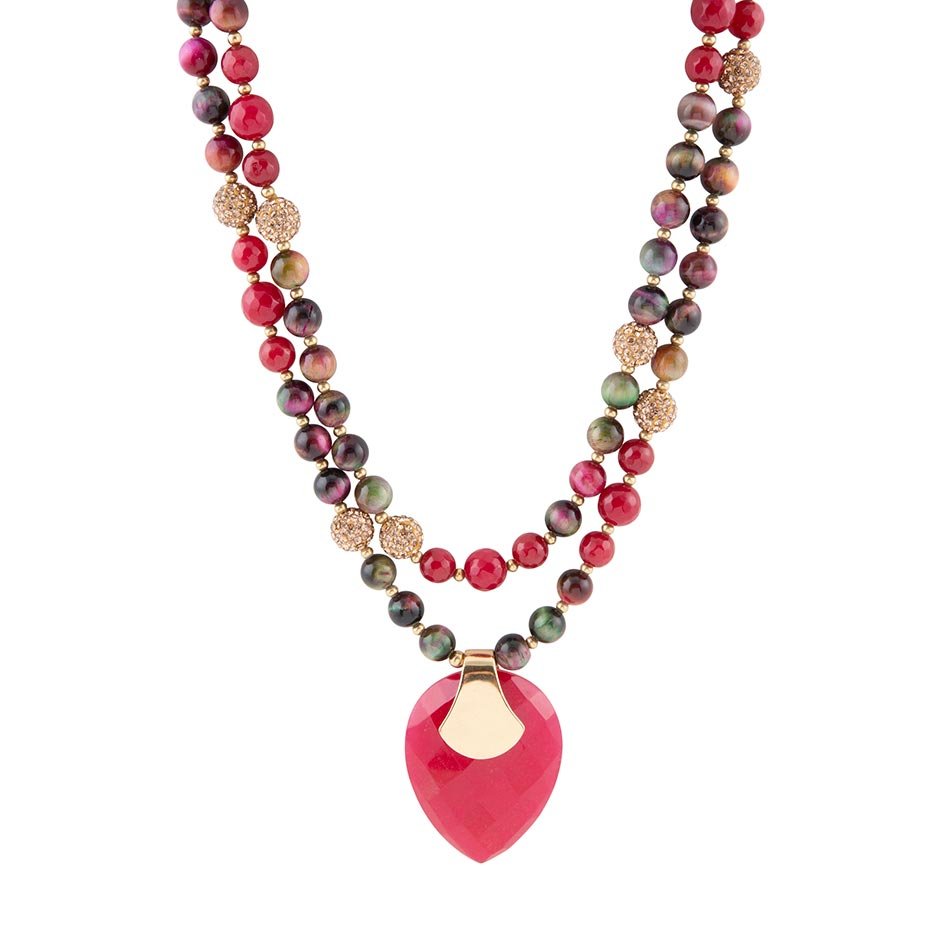 Jeweled Multi-Color Tiger's Eye and Raspberry Quartz Pendant Golden Necklace