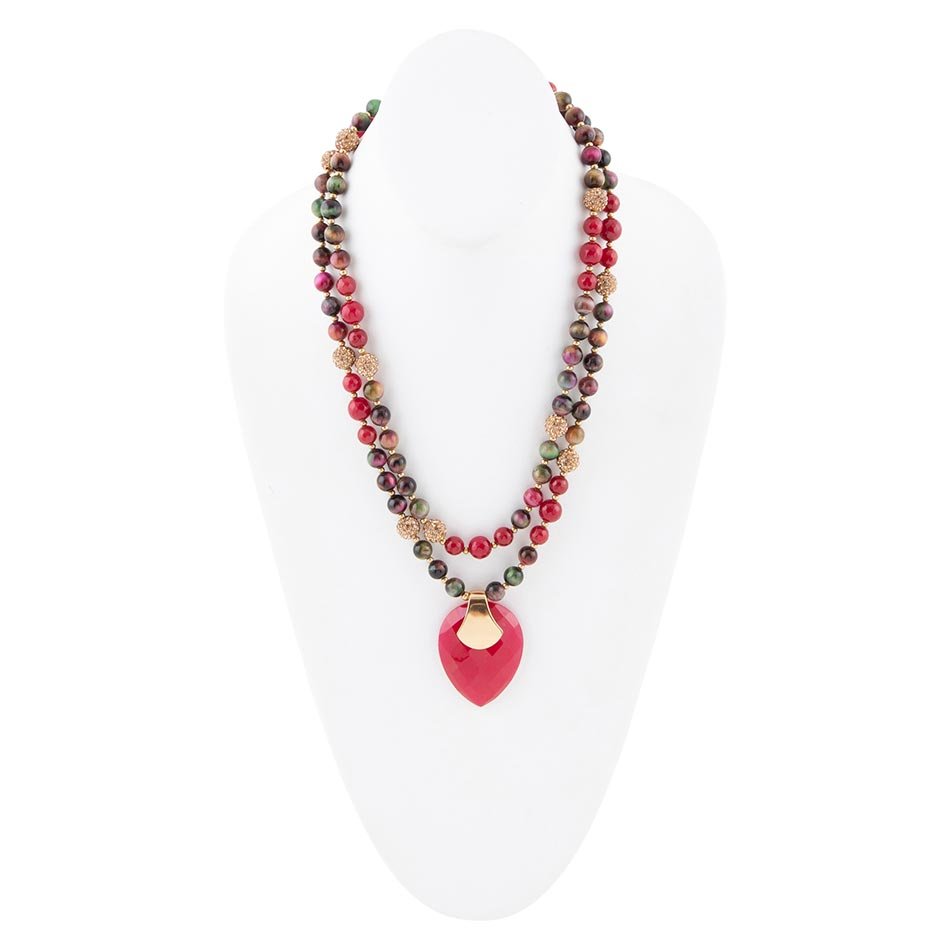 Jeweled Multi-Color Tiger's Eye and Raspberry Quartz Pendant Golden Necklace