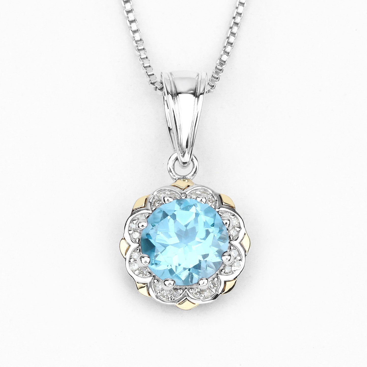 2.32 Carat Genuine Swiss Blue Topaz & White Diamond 14K Yellow Gold with .925 Silver Pendant