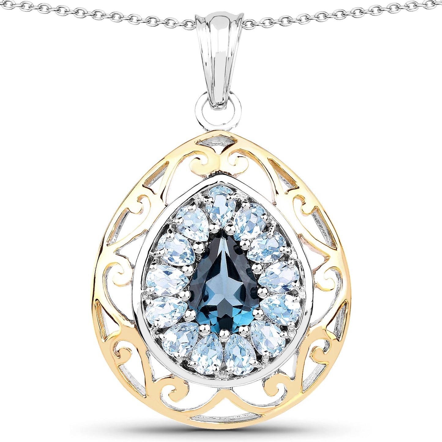 18K Yellow Gold Plate 4.44 Carat Genuine London Blue Topaz & Blue Topaz .925 Sterling Silver Pendant