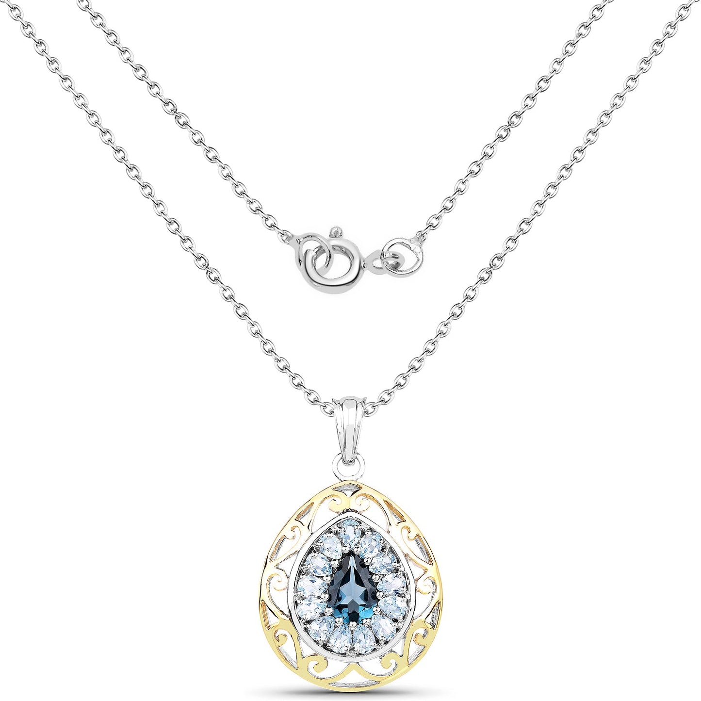 18K Yellow Gold Plate 4.44 Carat Genuine London Blue Topaz & Blue Topaz .925 Sterling Silver Pendant