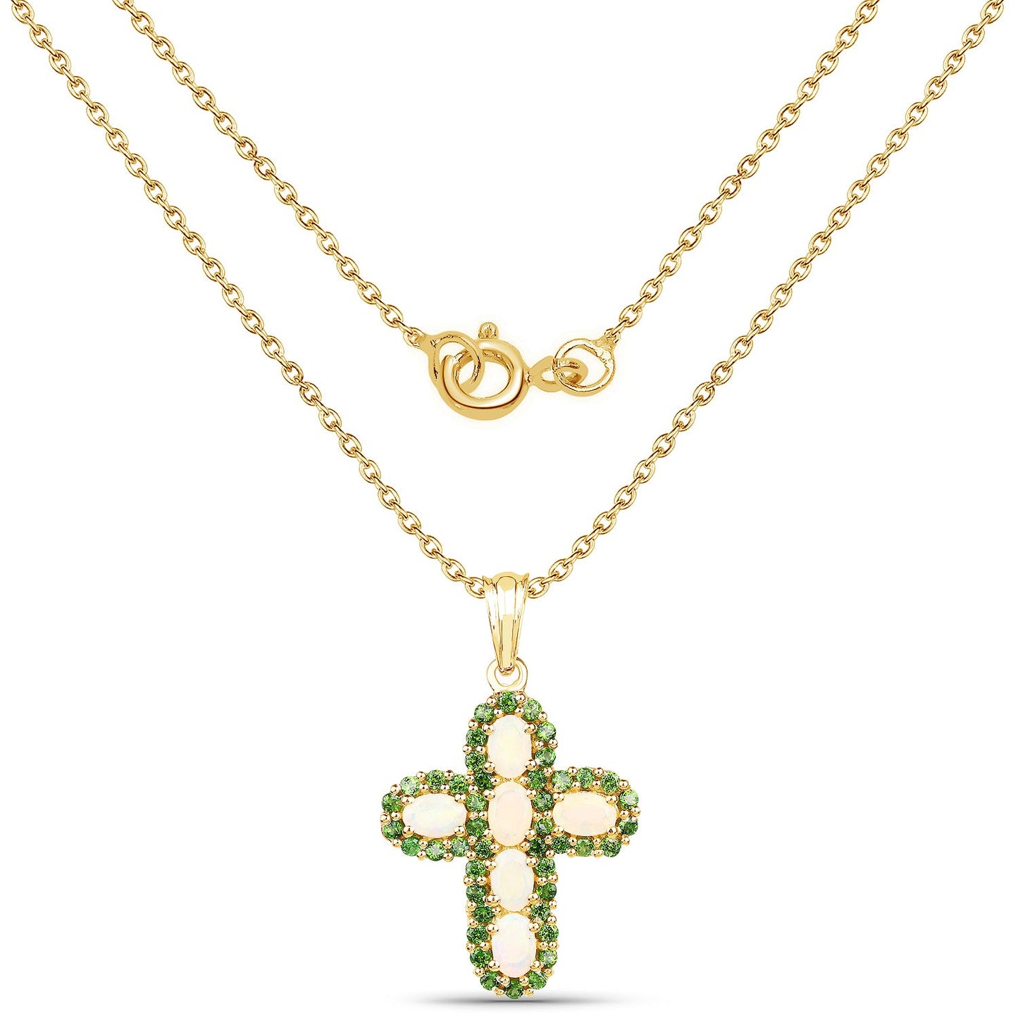 14K Yellow Gold Plate 3.11 Carat Genuine Ethiopian Opal & Chrome Diopside .925 Silver Pendant