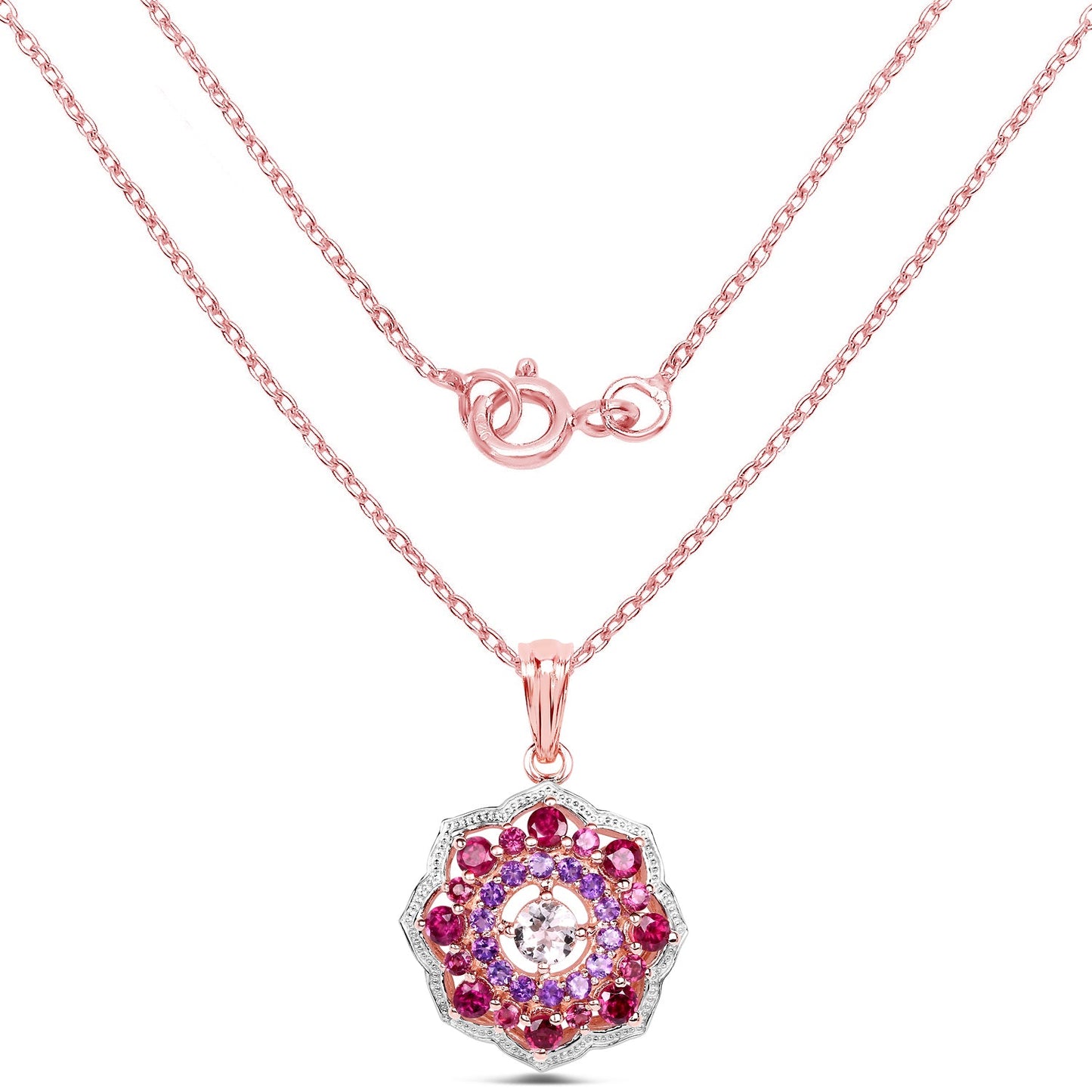 14K Rose Gold Plated 2.30 Carat Genuine Morganite, Rhodolite & Amethyst .925 Sterling Silver Pendant