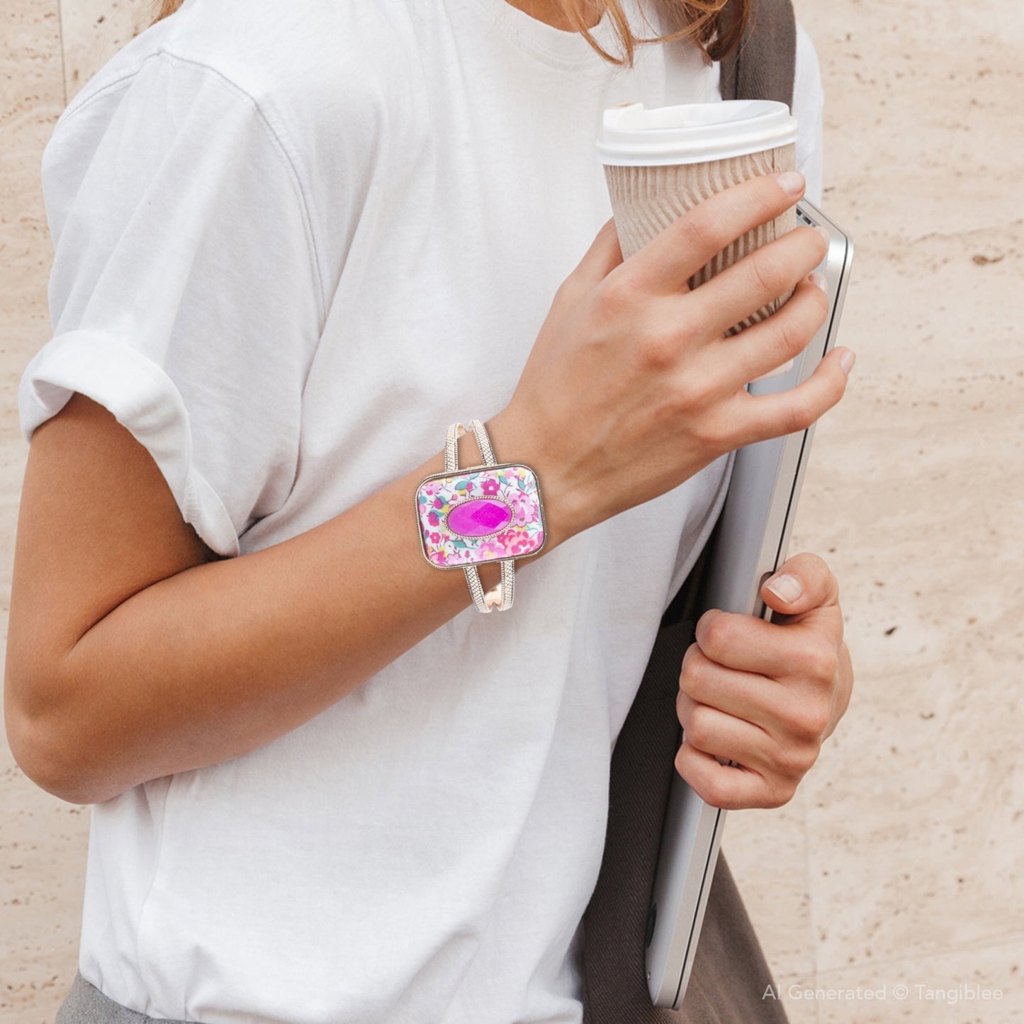 Pink Agate Stacked Stone Floral Cuff Bracelet