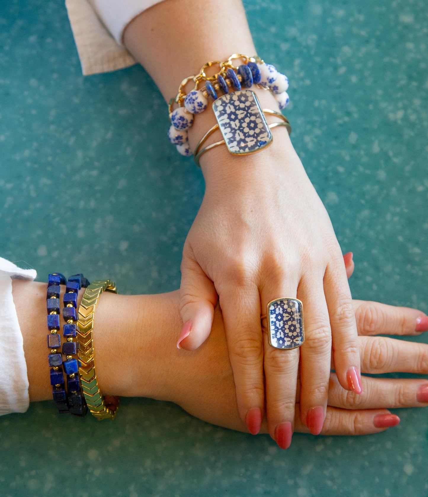 Santorini Cobalt Blue and White Golden Ring