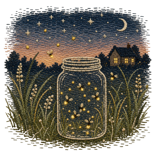 Firefly Jar PNG Digital Download – Embroidered Cottagecore Night Scene Design
