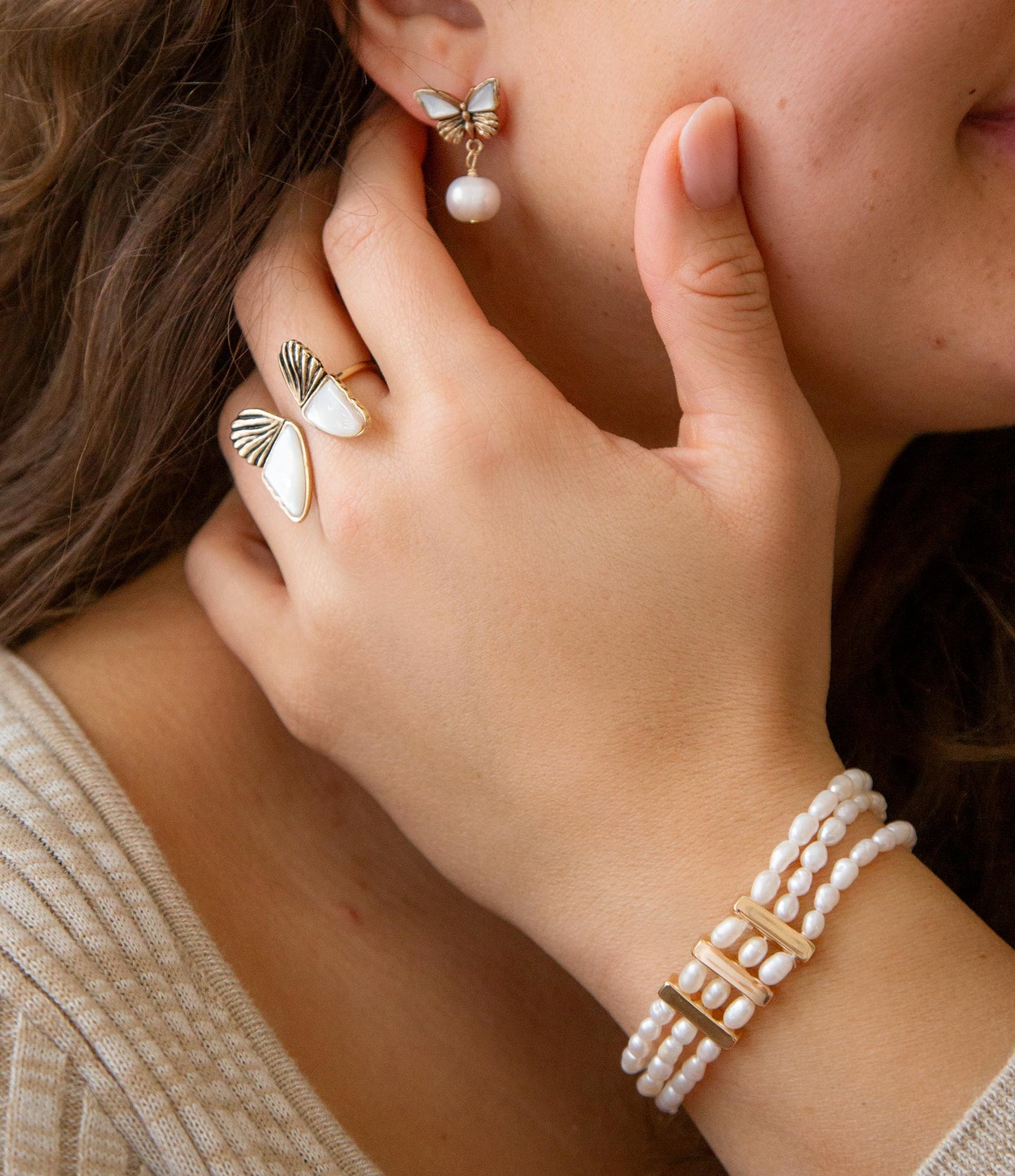 Triple Freshwater White Pearl Classic Golden Stretch Bracelet