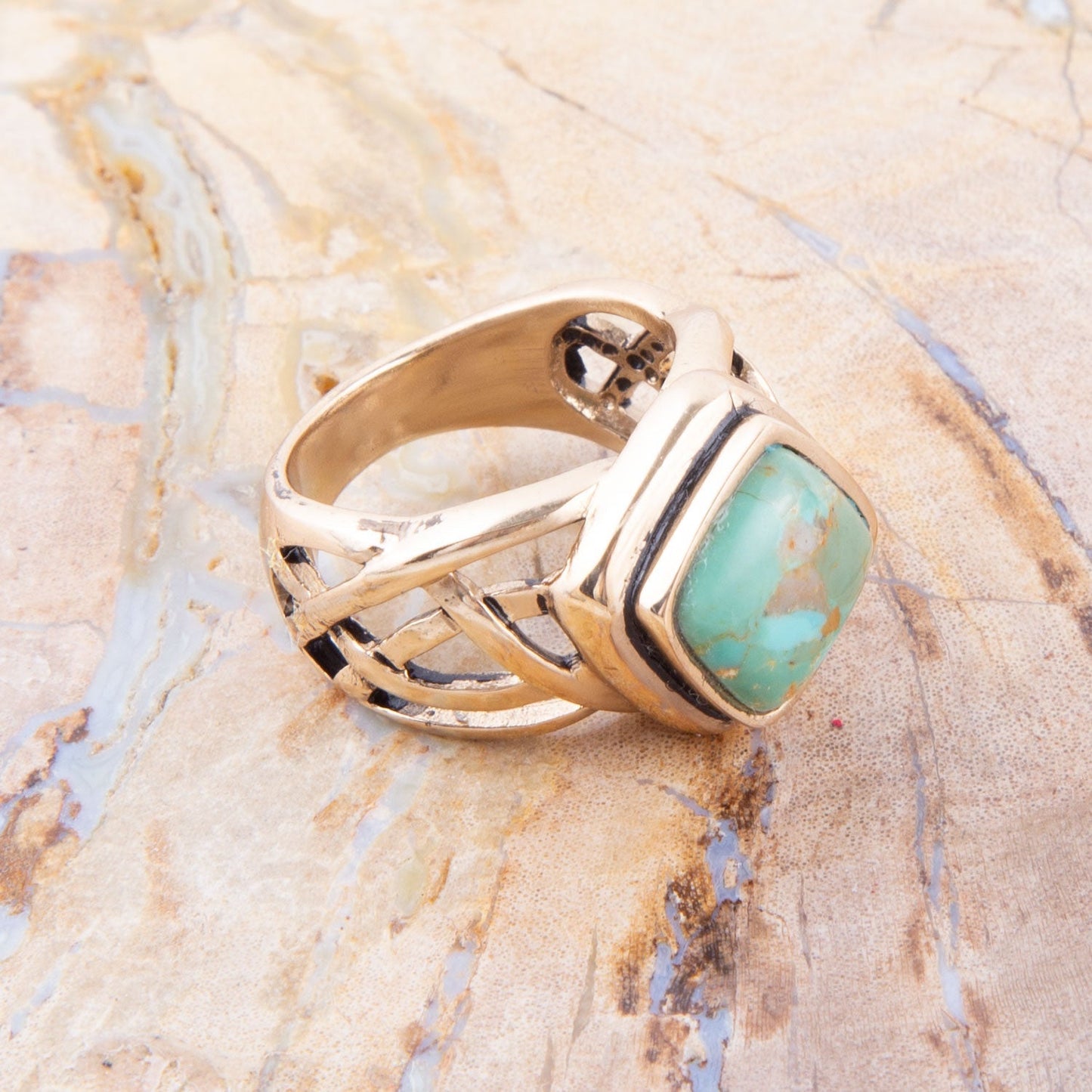 Blue Turquoise and Golden Bronze Cut Out Ring
