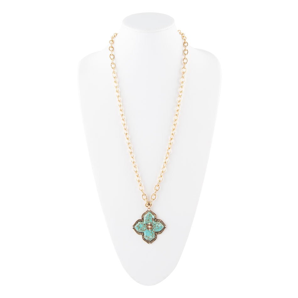 Blue Turquoise Maltese Cross Golden Pendant Necklace